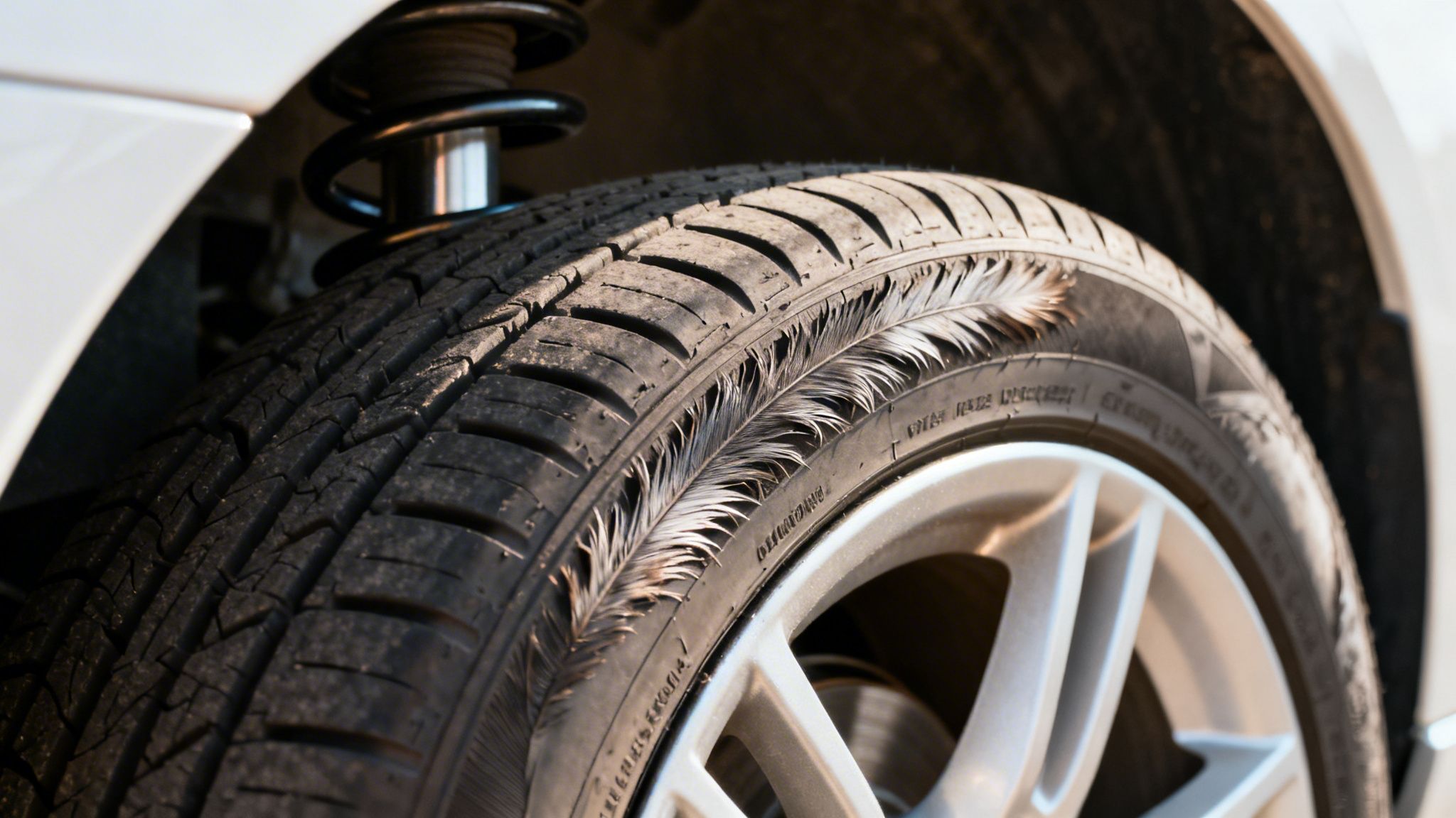 Close-up of a car's tire and wheel, with a feather adhering to the rubber sidewall.