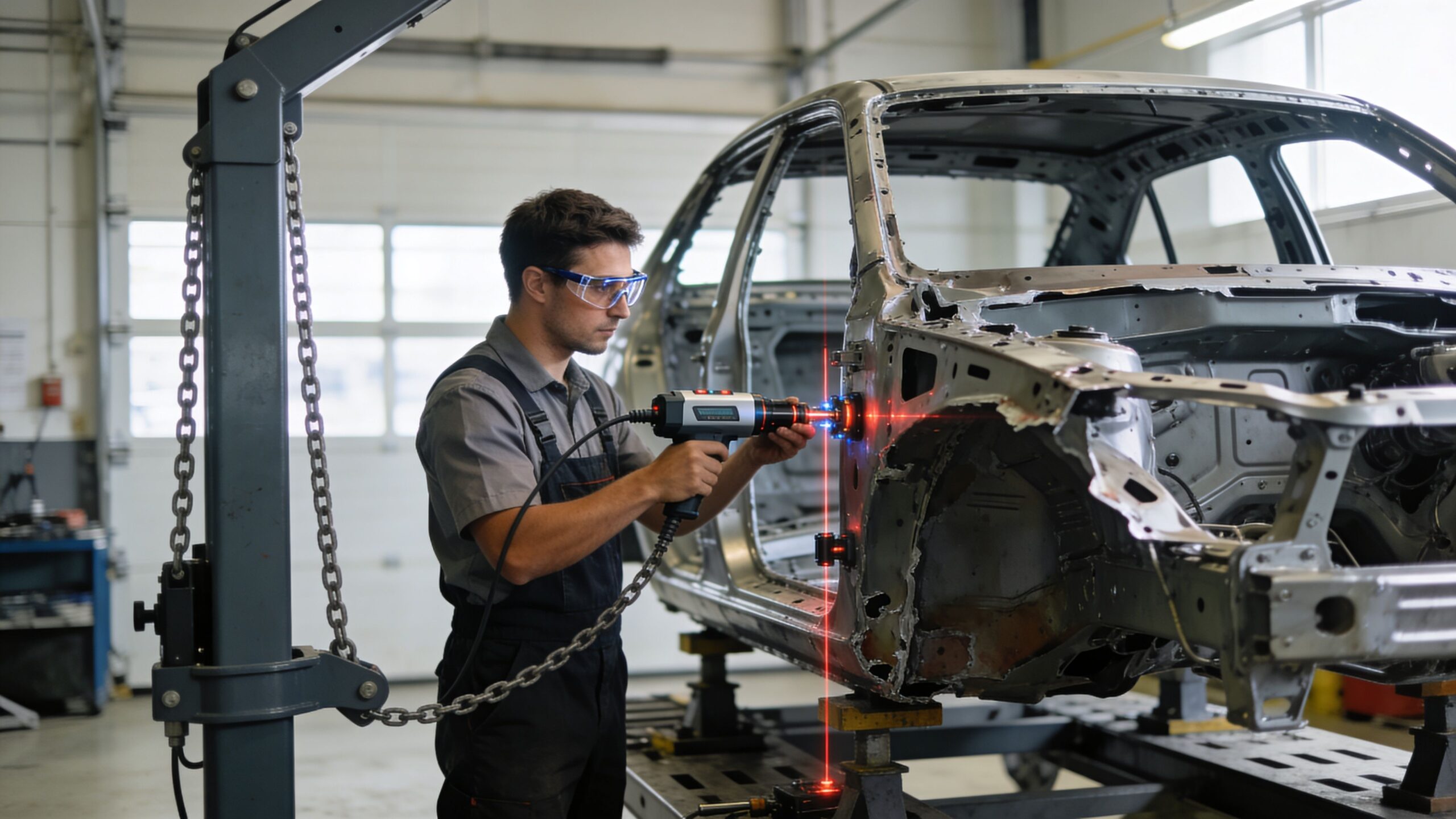 A car body shop technician uses a laser measuring tool on a damaged vehicle frame.