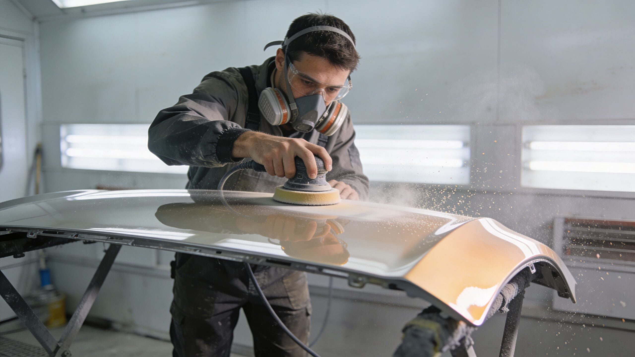 A professional technician wearing protective gear uses a sander to smooth the surface of a car bumper.