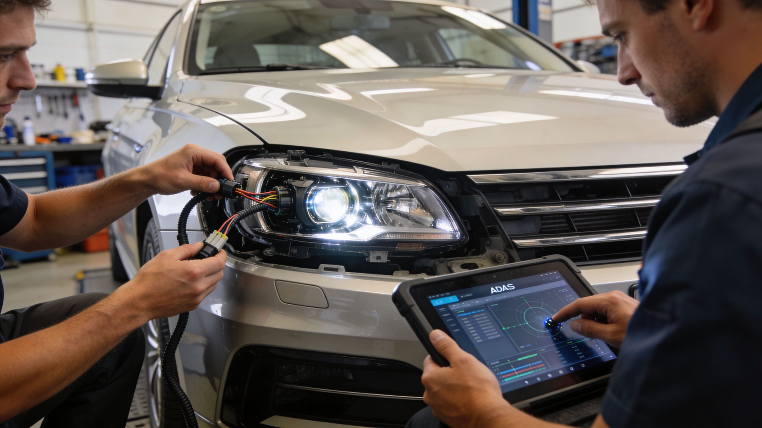 A technician calibrating a car headlight using a diagnostic tablet in a professional automotive repair shop.