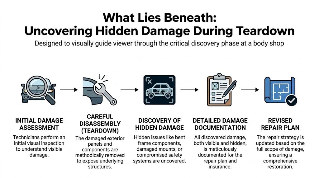 A flowchart showing the automotive repair process from initial damage assessment to the final revised repair plan.