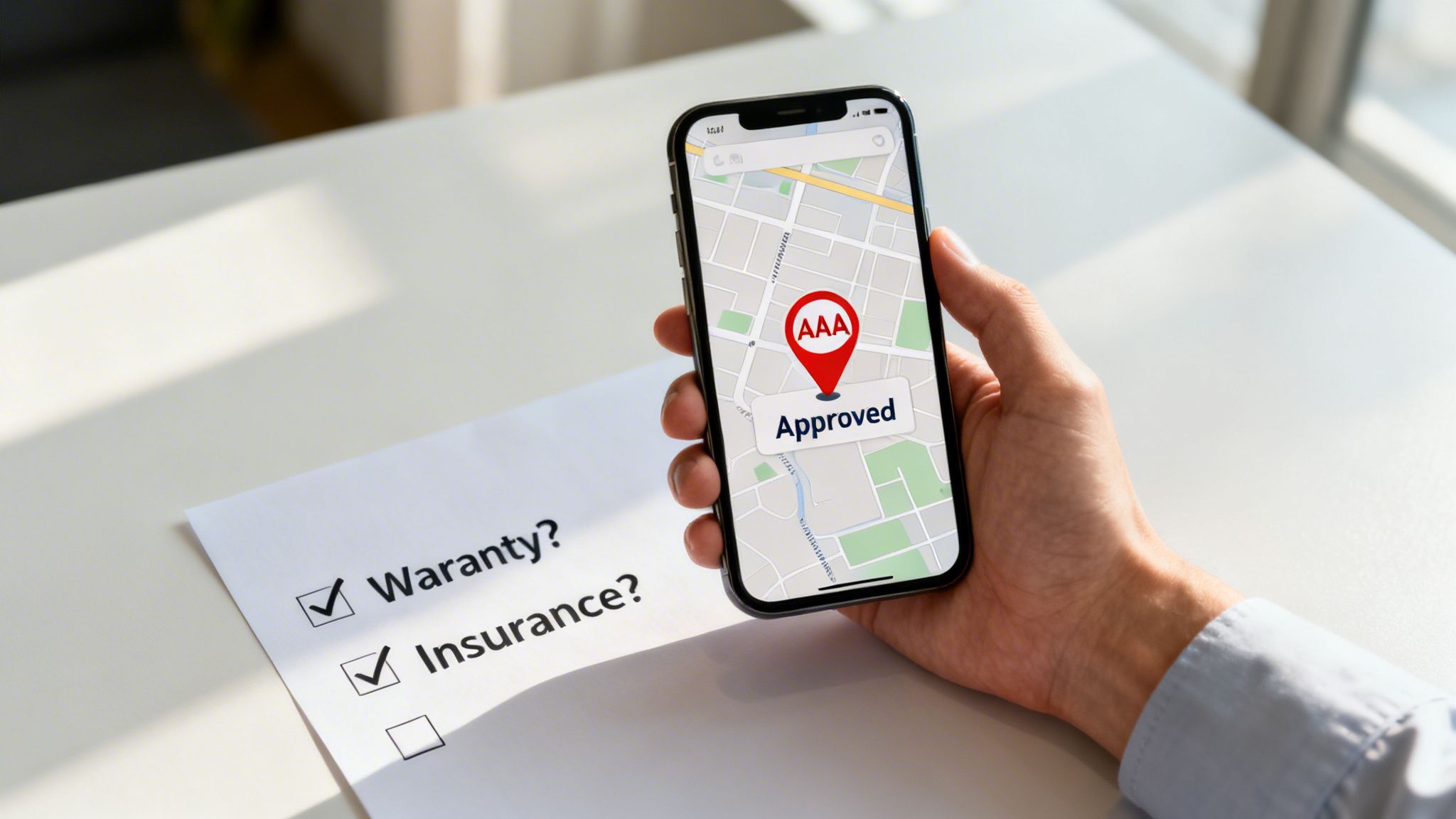 A hand holds a smartphone displaying a map with an AAA Approved pin next to a checklist for warranty and insurance.