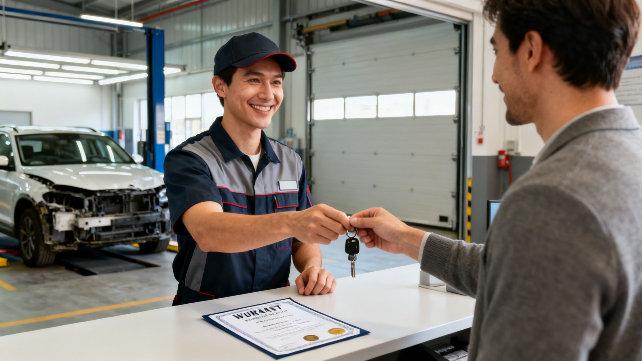 A smiling car mechanic hands car keys to a customer at a service counter, with a damaged car in the background.