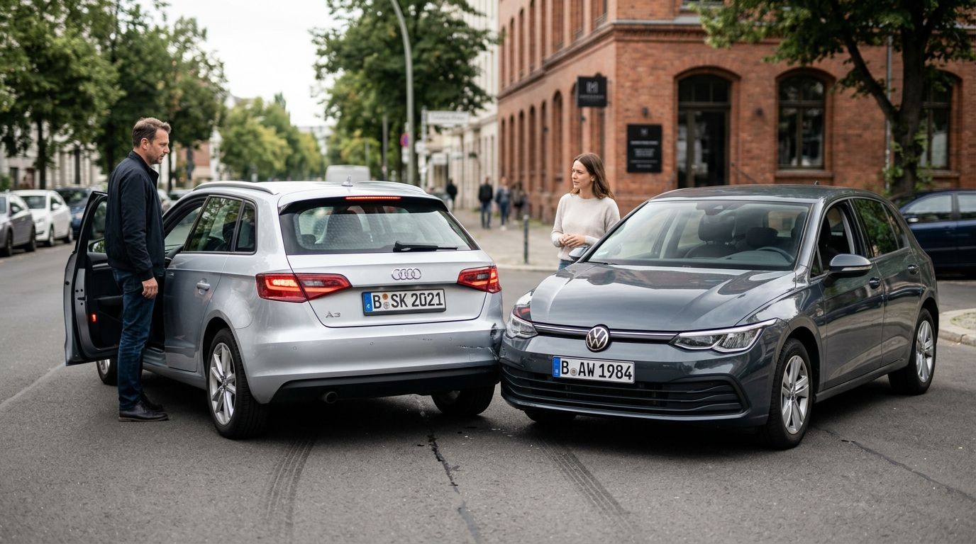 A man and a woman standing in the street after a car collision between two vehicles.