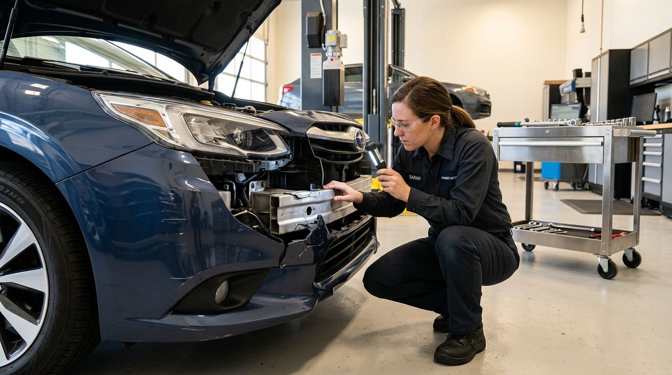 A female auto mechanic inspecting a damaged blue car bumper with a flashlight in a repair shop.