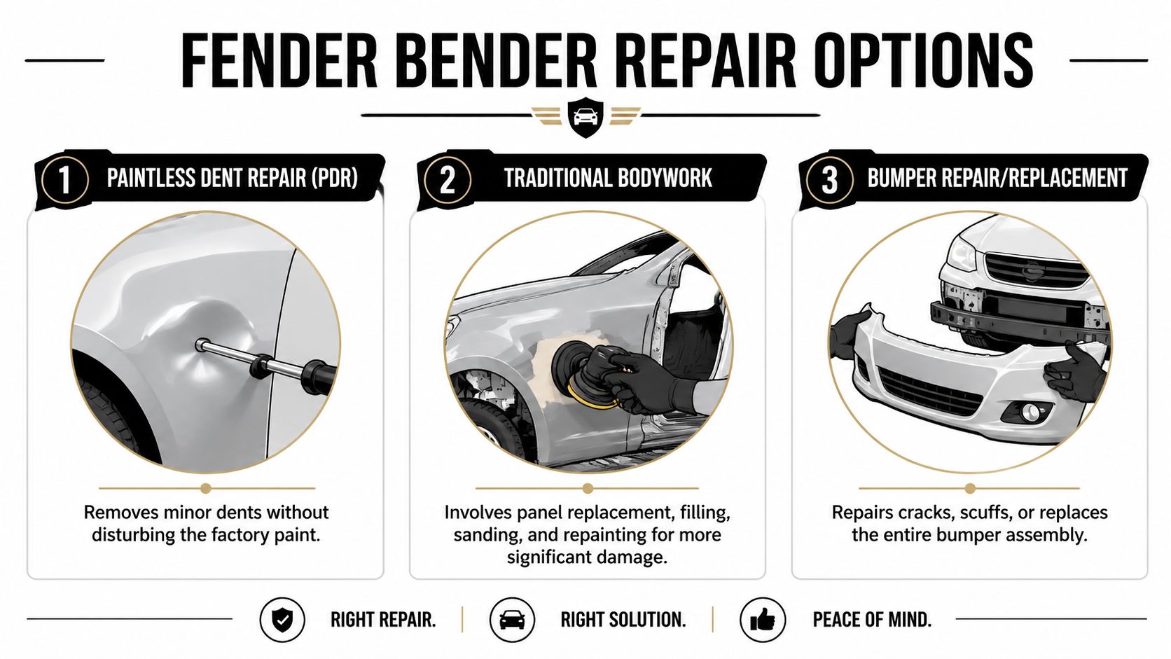 An infographic showing three main auto body repair options including paintless dent repair, traditional bodywork, and bumper replacement.