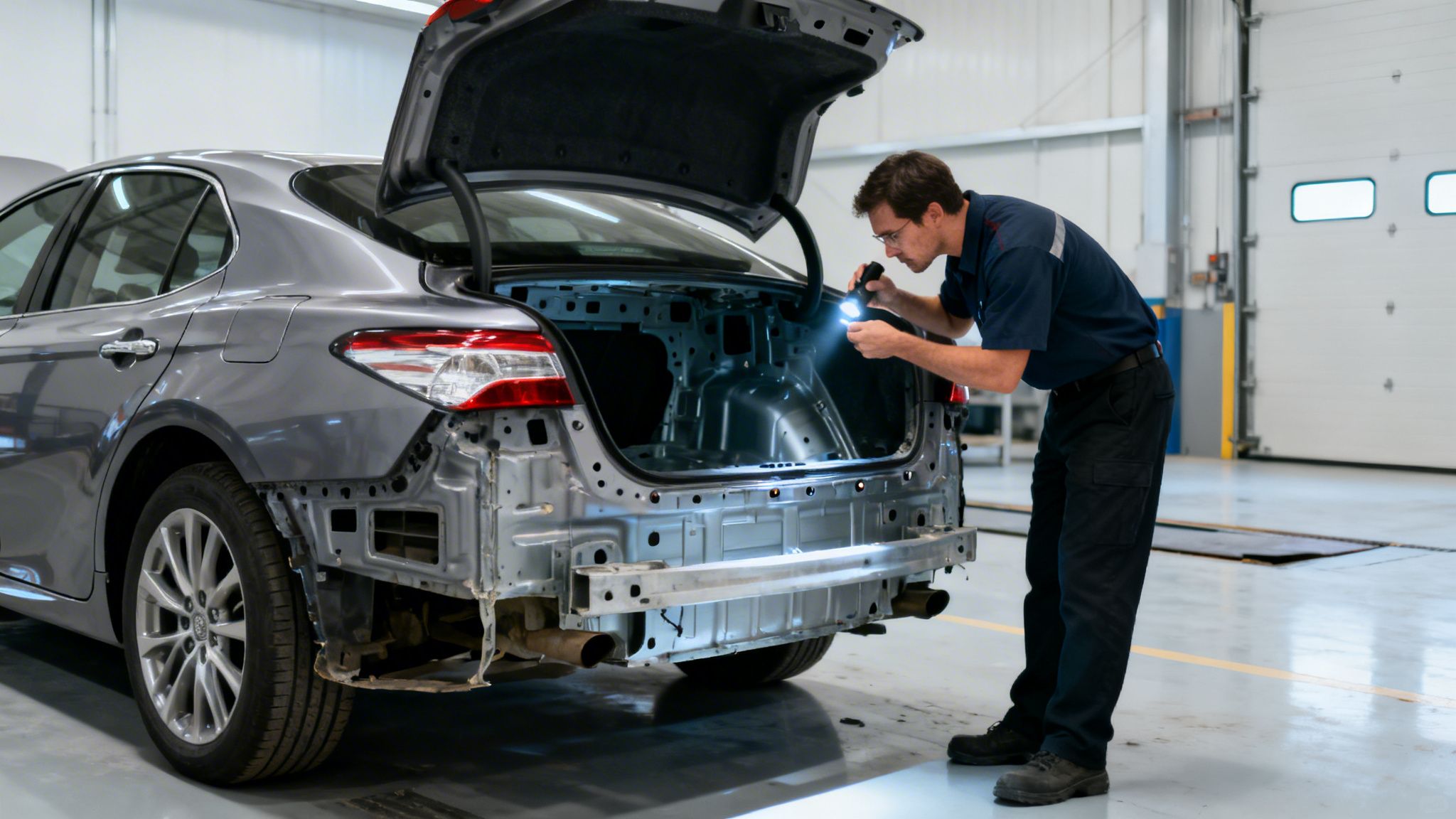 Auto mechanic using a flashlight to inspect the rear of a damaged gray car in a garage.