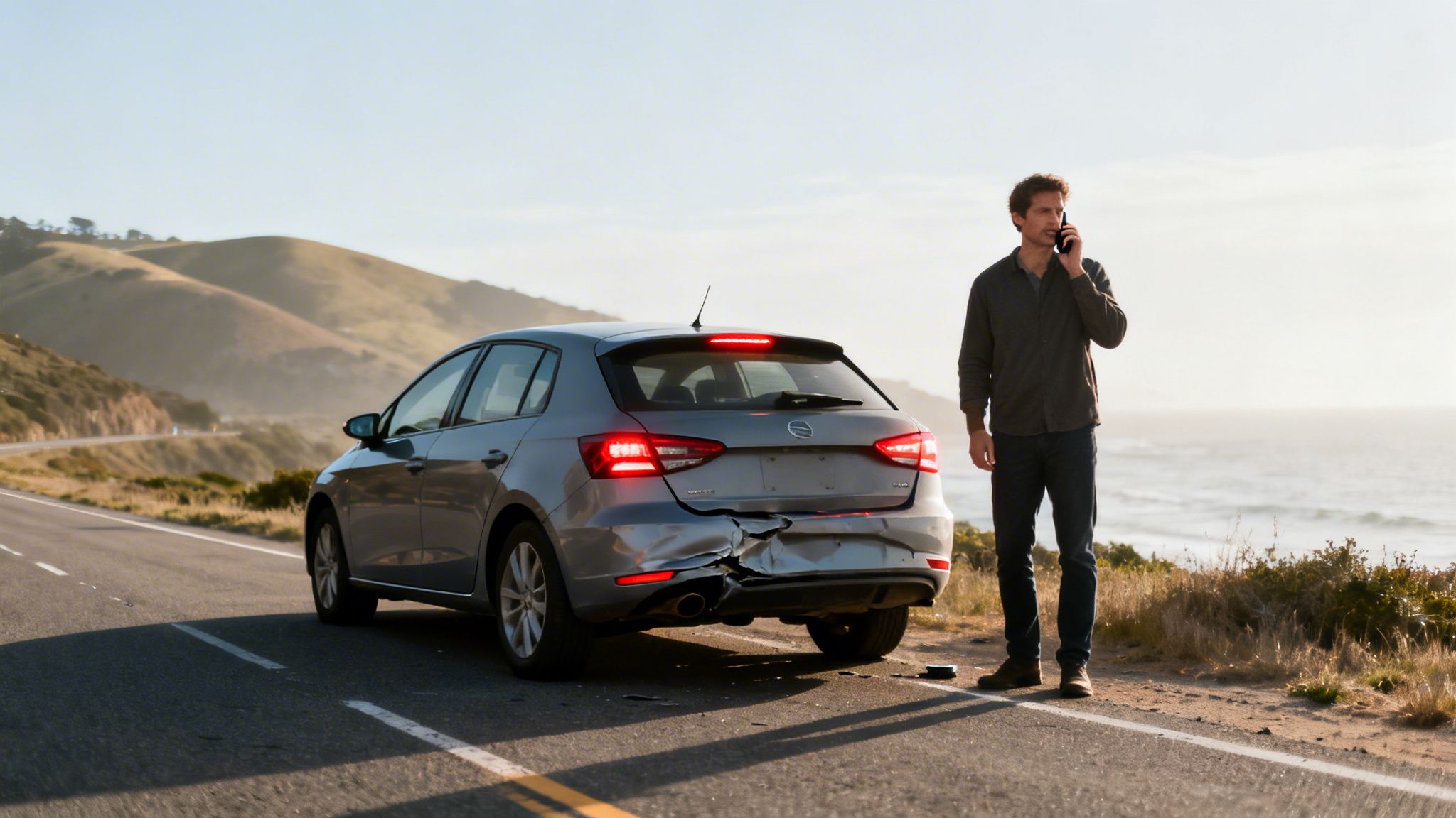 Man on phone next to a silver car with rear-end damage on a scenic coastal road.