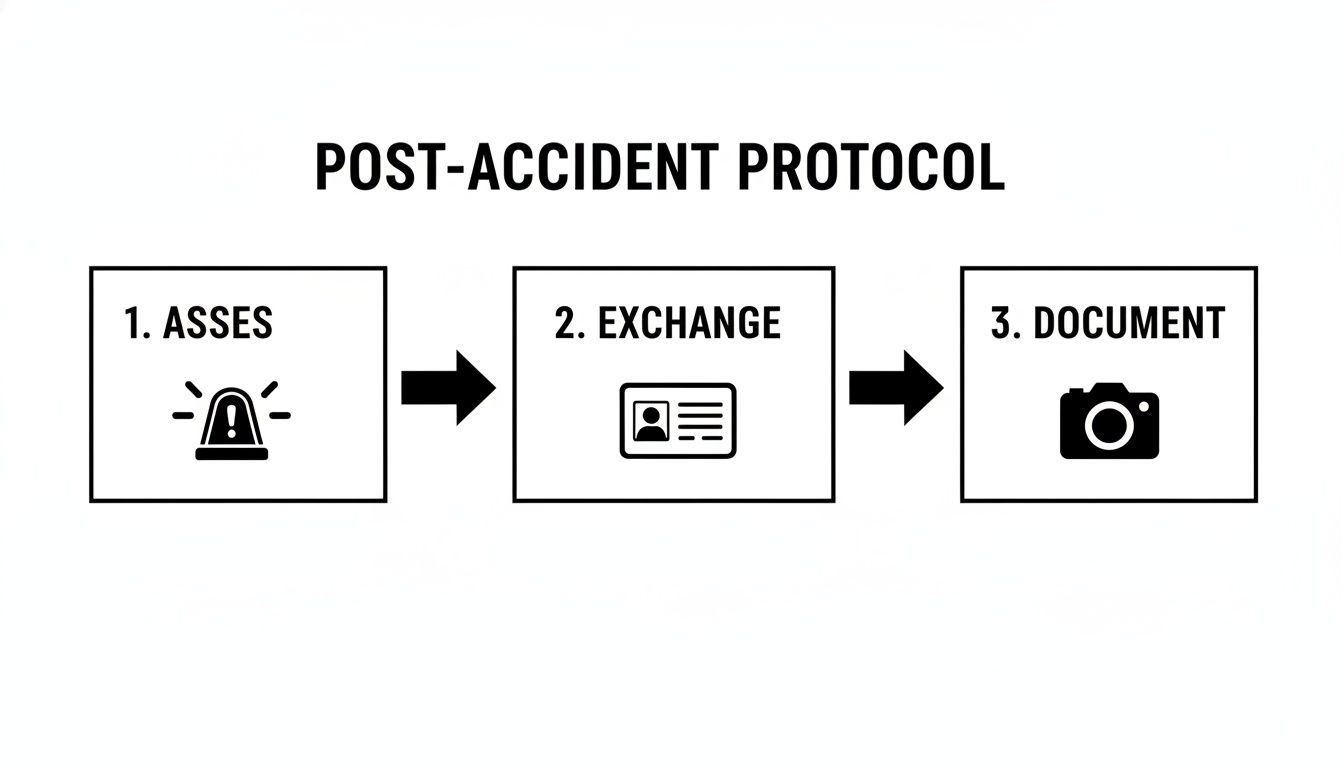 A clear flowchart outlining a 3-step post-accident protocol: assess, exchange information, and document the scene.