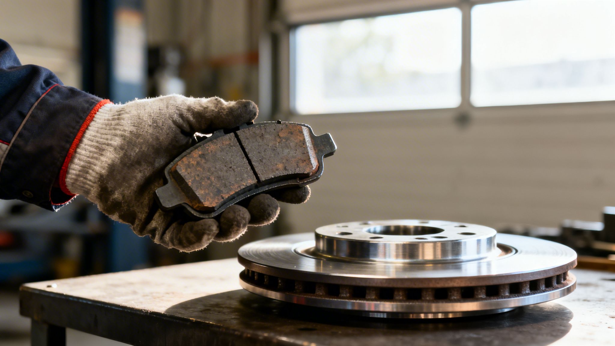 A mechanic wearing protective gloves holds a used brake pad next to a new car brake rotor.