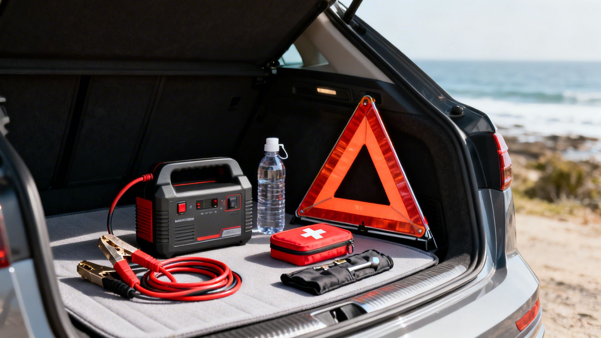 A car trunk packed with essential emergency road trip safety equipment including a jump starter and warning triangle.