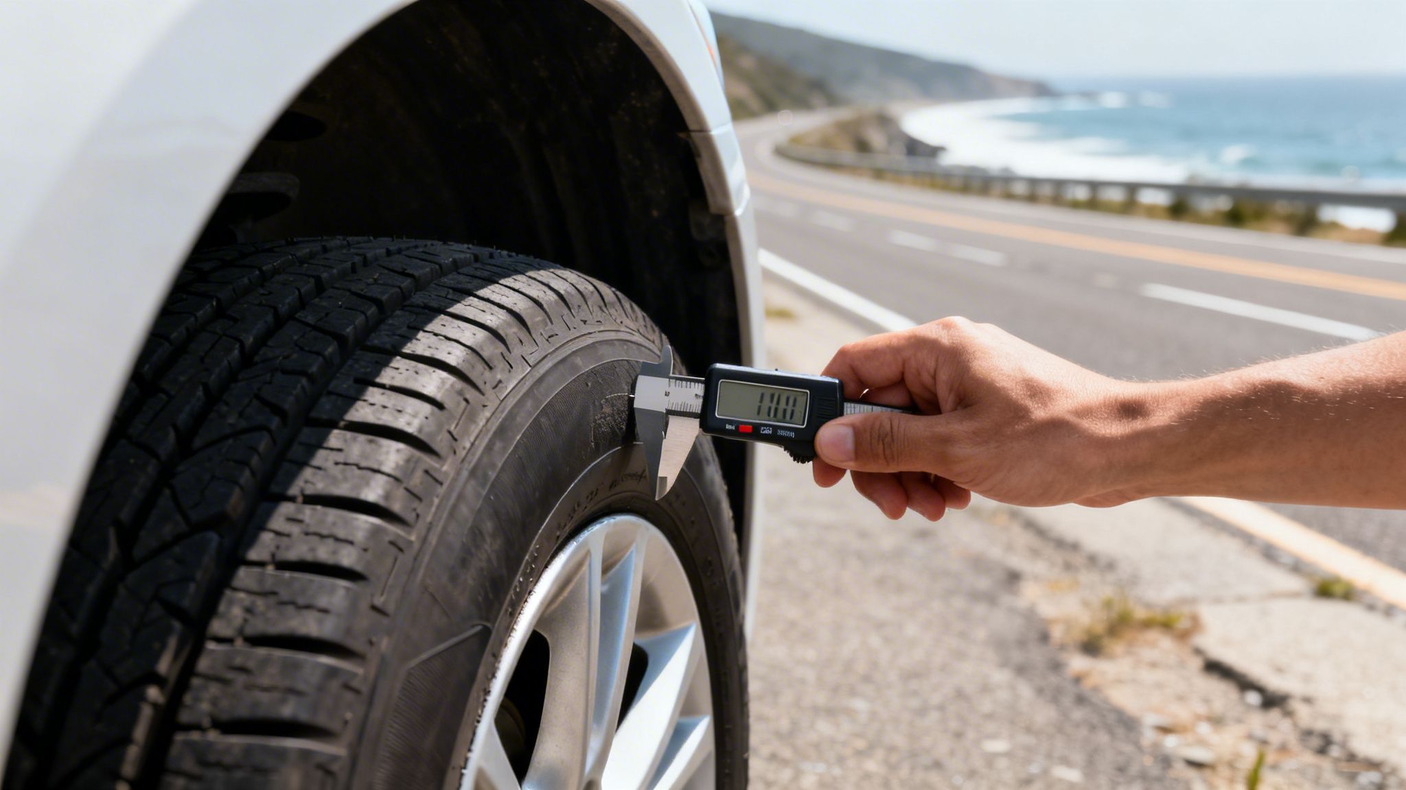 A driver uses a digital caliper to check the tread depth on their car tire before traveling.