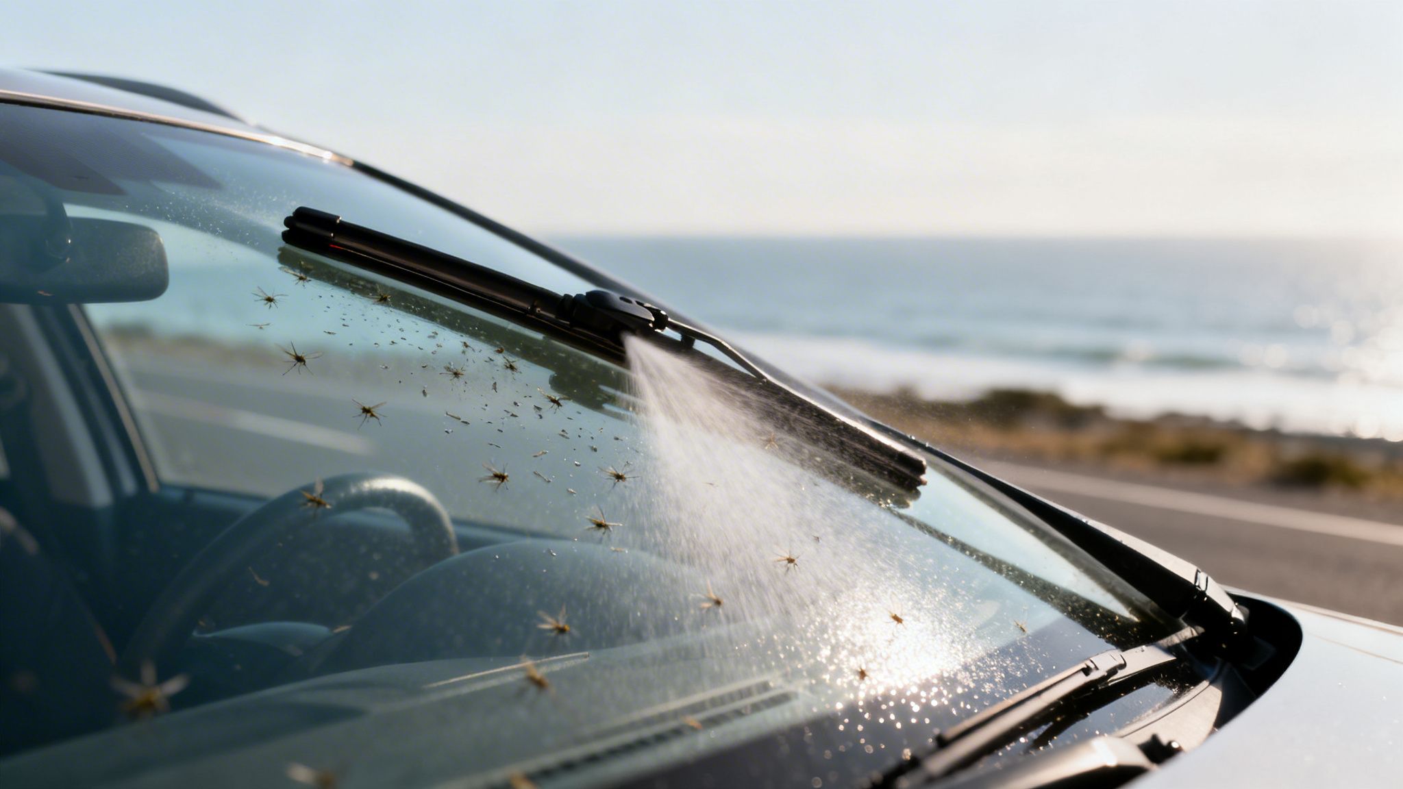 Car windshield covered with insects being cleaned by fluid spray during a summer road trip near the coast.