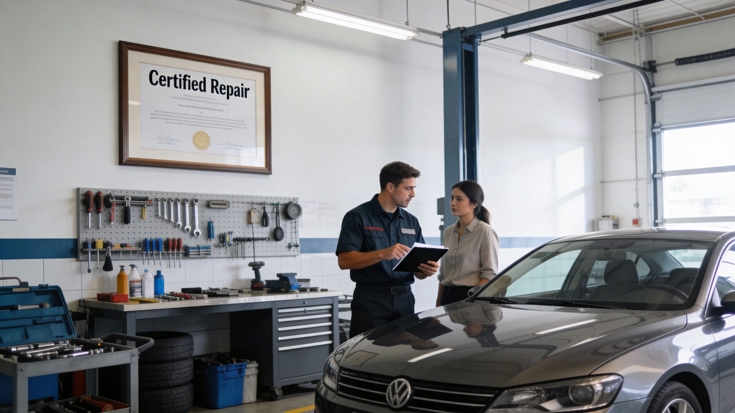 A professional mechanic explains car repair details to a customer at an auto service shop.