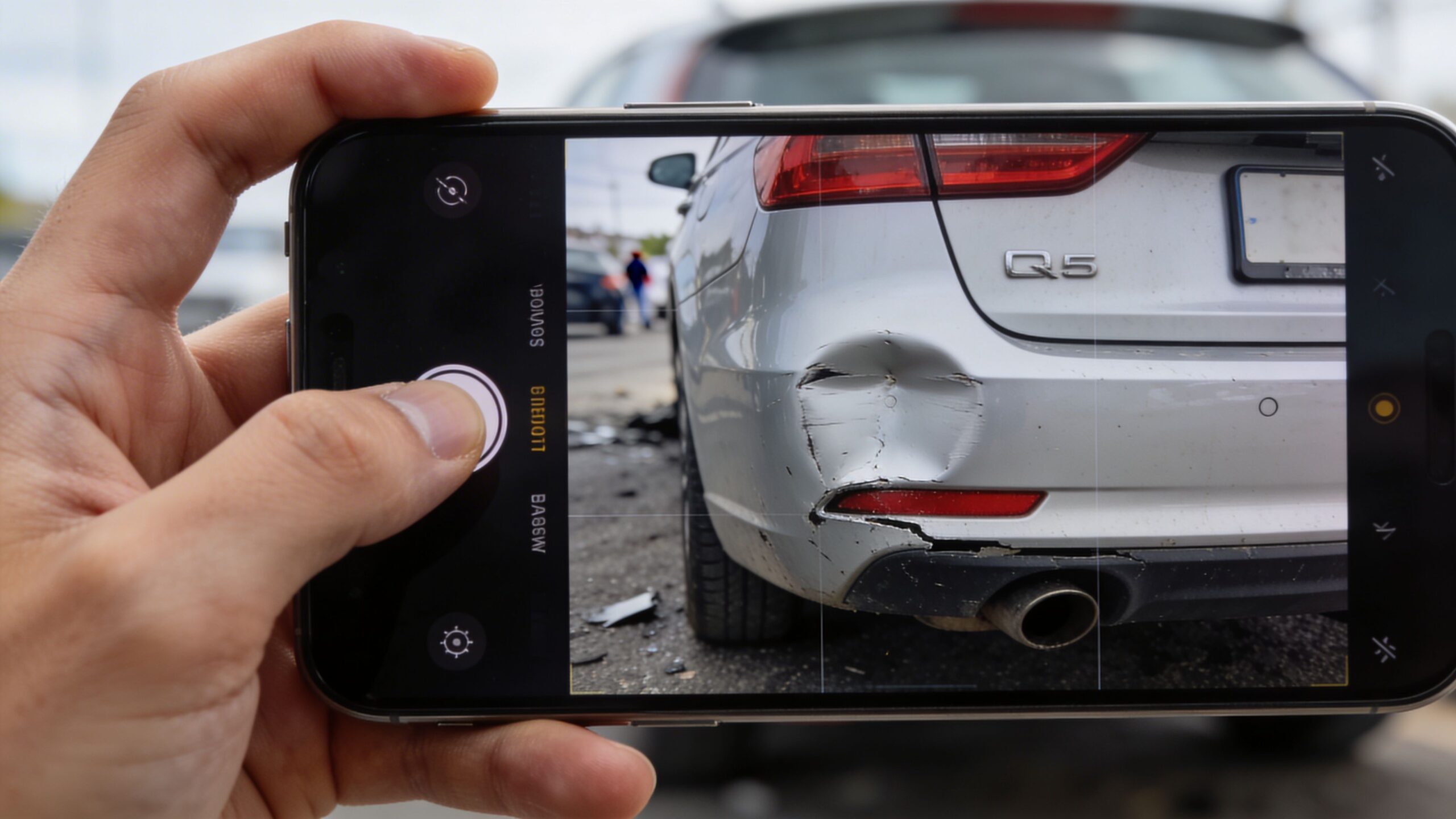 A person taking a photo of a damaged silver Audi Q5 rear bumper with a smartphone camera.