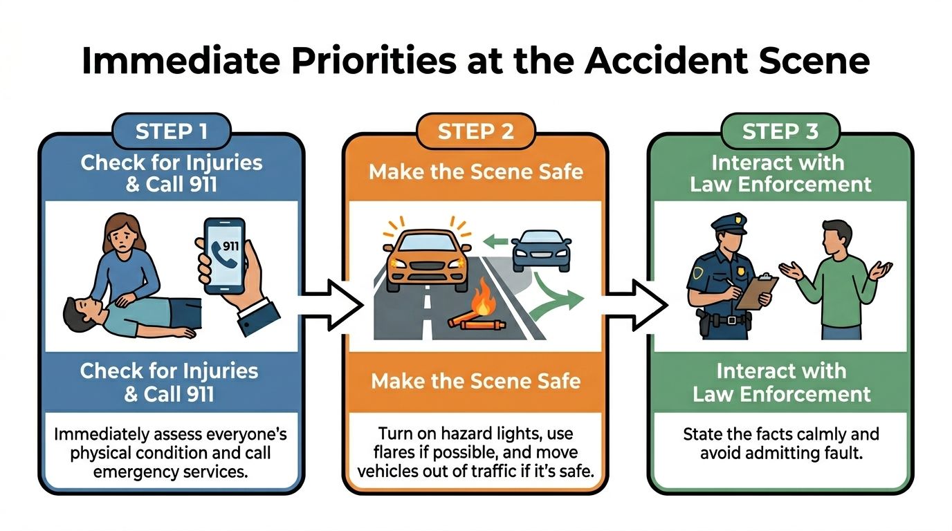 An infographic showing three steps to follow at a car accident scene, including checking injuries, safety, and police.