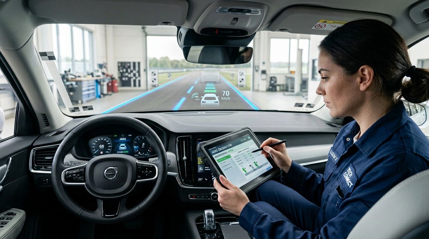 A technician sits in a vehicle calibrating the ADAS system using a tablet and stylus.