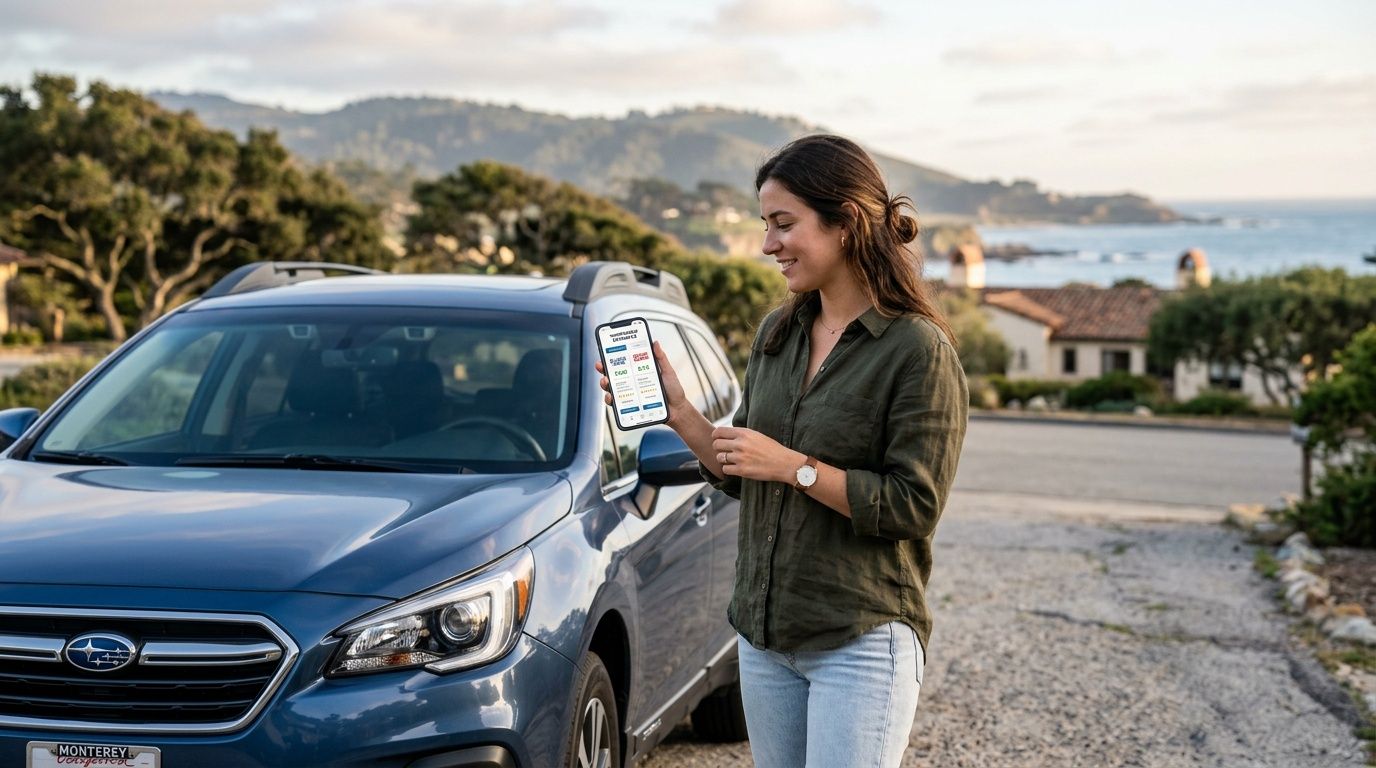 A woman stands beside her blue Subaru holding a smartphone displaying windshield replacement cost information.