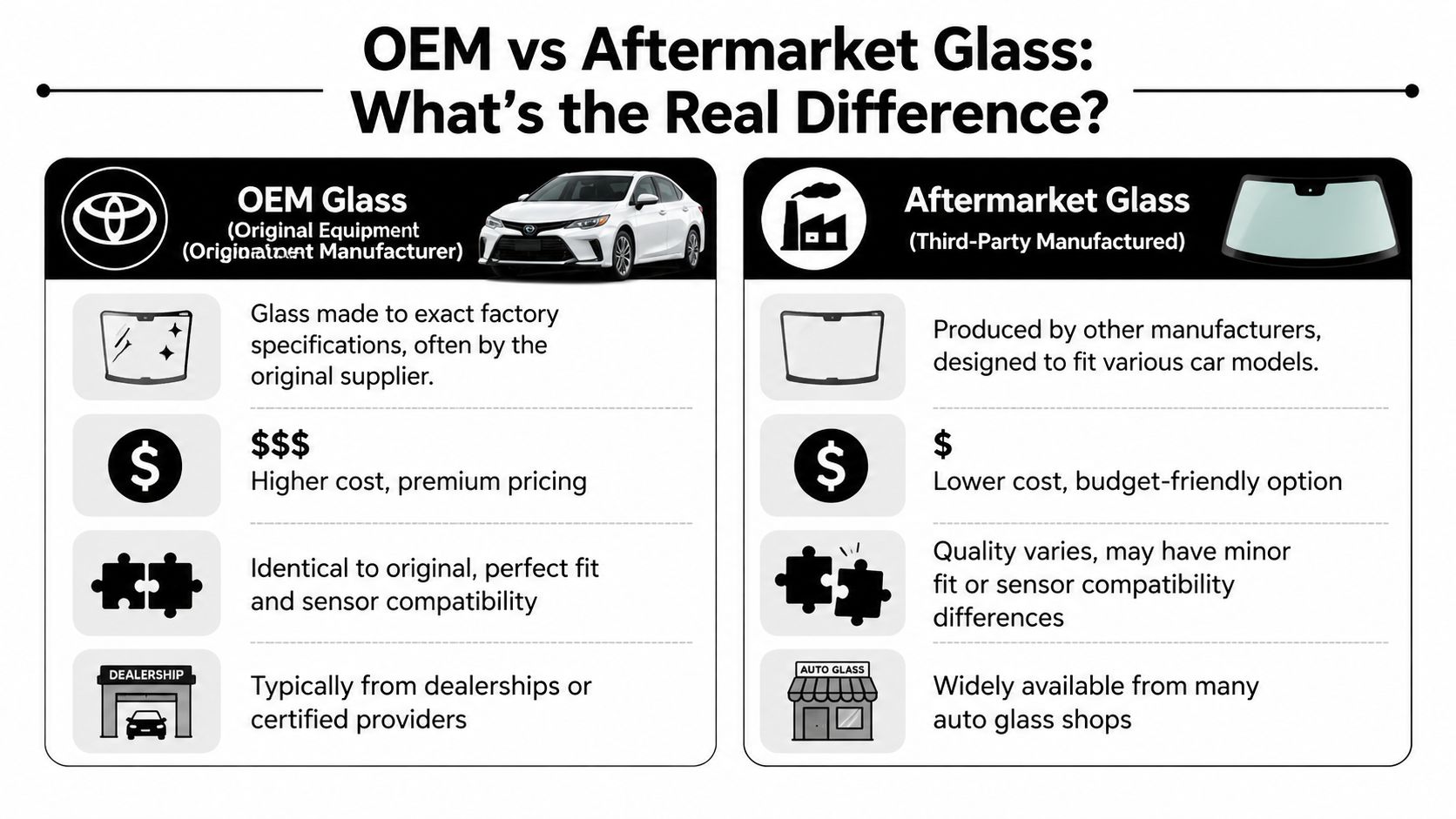 A comparison chart explaining the differences between OEM and aftermarket automotive glass in terms of quality and cost.