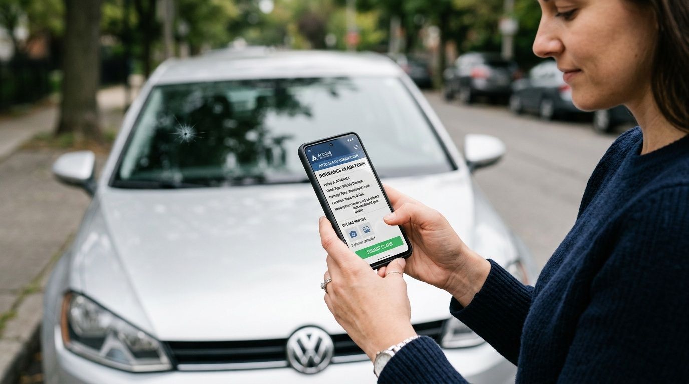 A woman holds a smartphone displaying an auto insurance claim form in front of a damaged car.