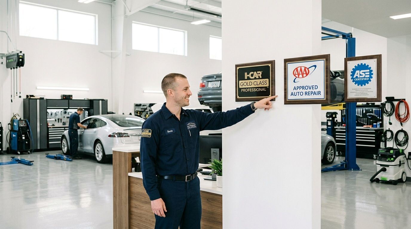 A professional auto technician points at service certification plaques on a wall inside a car repair shop.