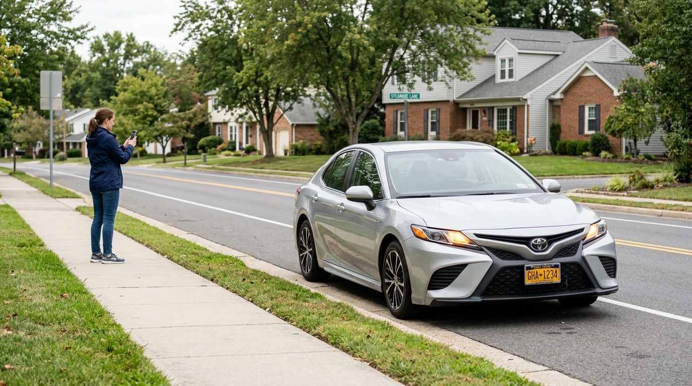 A person standing on a suburban sidewalk taking a photograph of a parked silver sedan with their smartphone.
