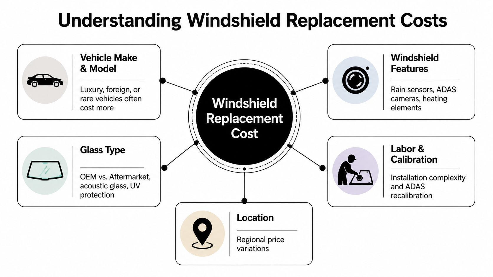 A diagram outlining the five key factors that influence the total cost of a windshield replacement service.