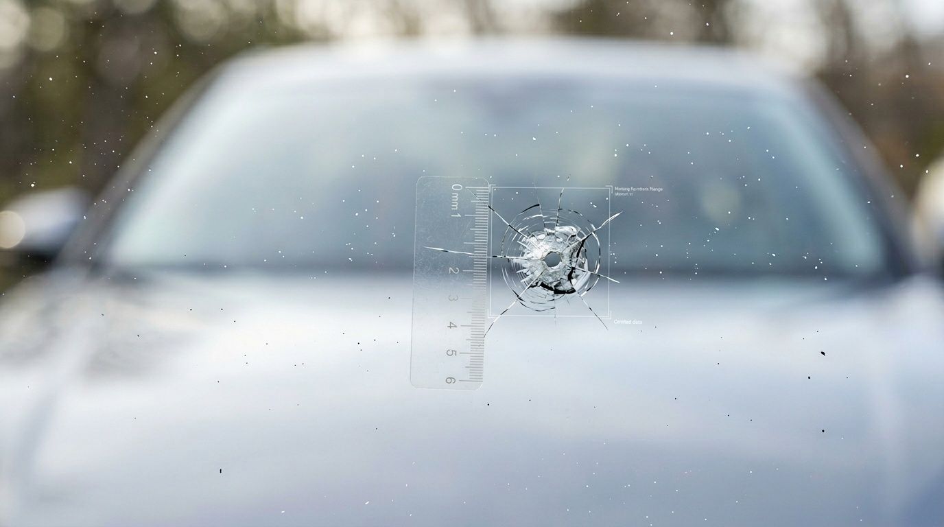 A close up view of a rock chip damage on a car windshield with a measuring tool attached.