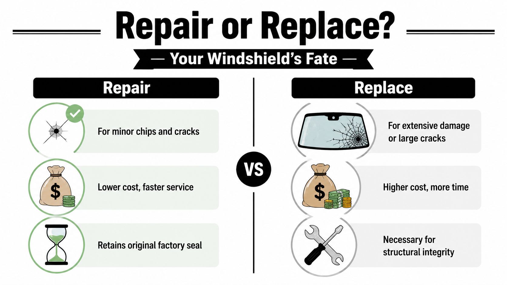 An infographic comparing the benefits and considerations of choosing windshield repair versus windshield replacement for vehicle damage.