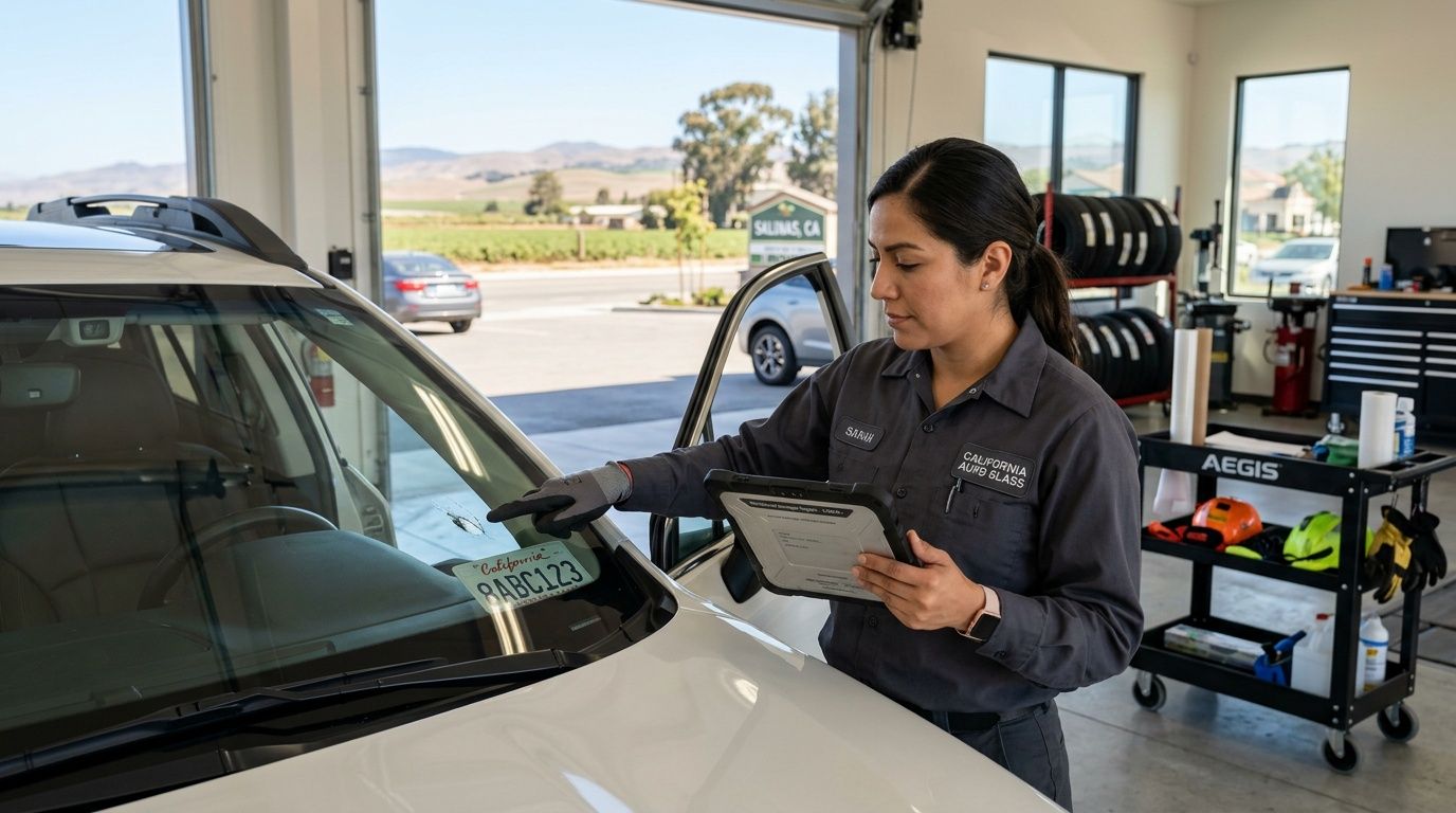 A professional technician pointing to a small crack on a car windshield while holding a tablet.