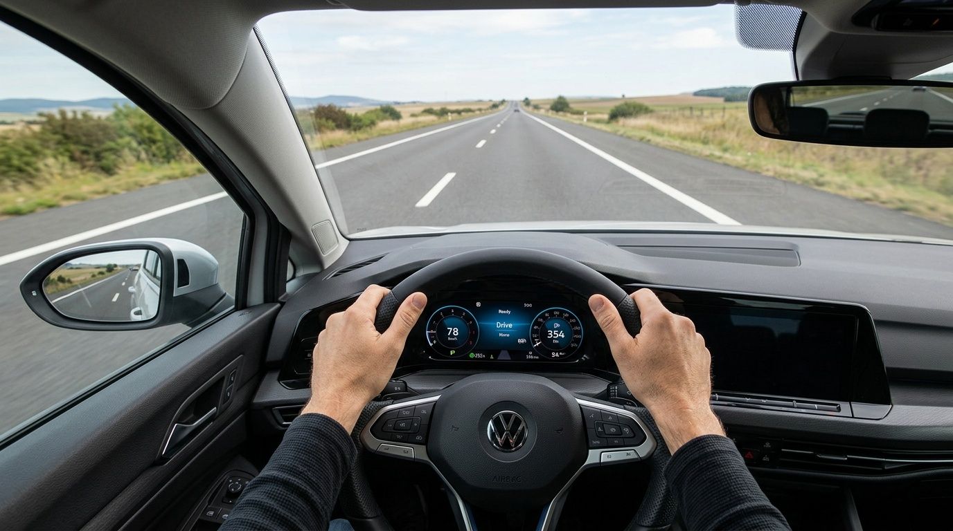 A first-person view from inside a Volkswagen driving on a highway with hands on the steering wheel.