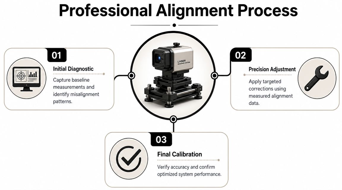 A professional alignment process diagram showing steps for initial diagnostic, precision adjustment, and final laser system calibration.