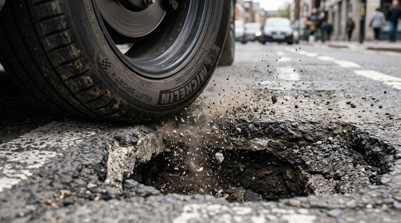 A close-up view of a car tire hitting a deep pothole on a city street.