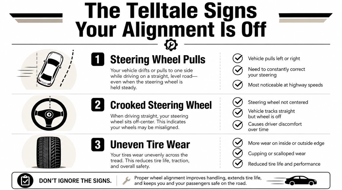 An infographic detailing three telltale signs your car needs an alignment, including steering pull, crooked steering, and uneven tire wear.