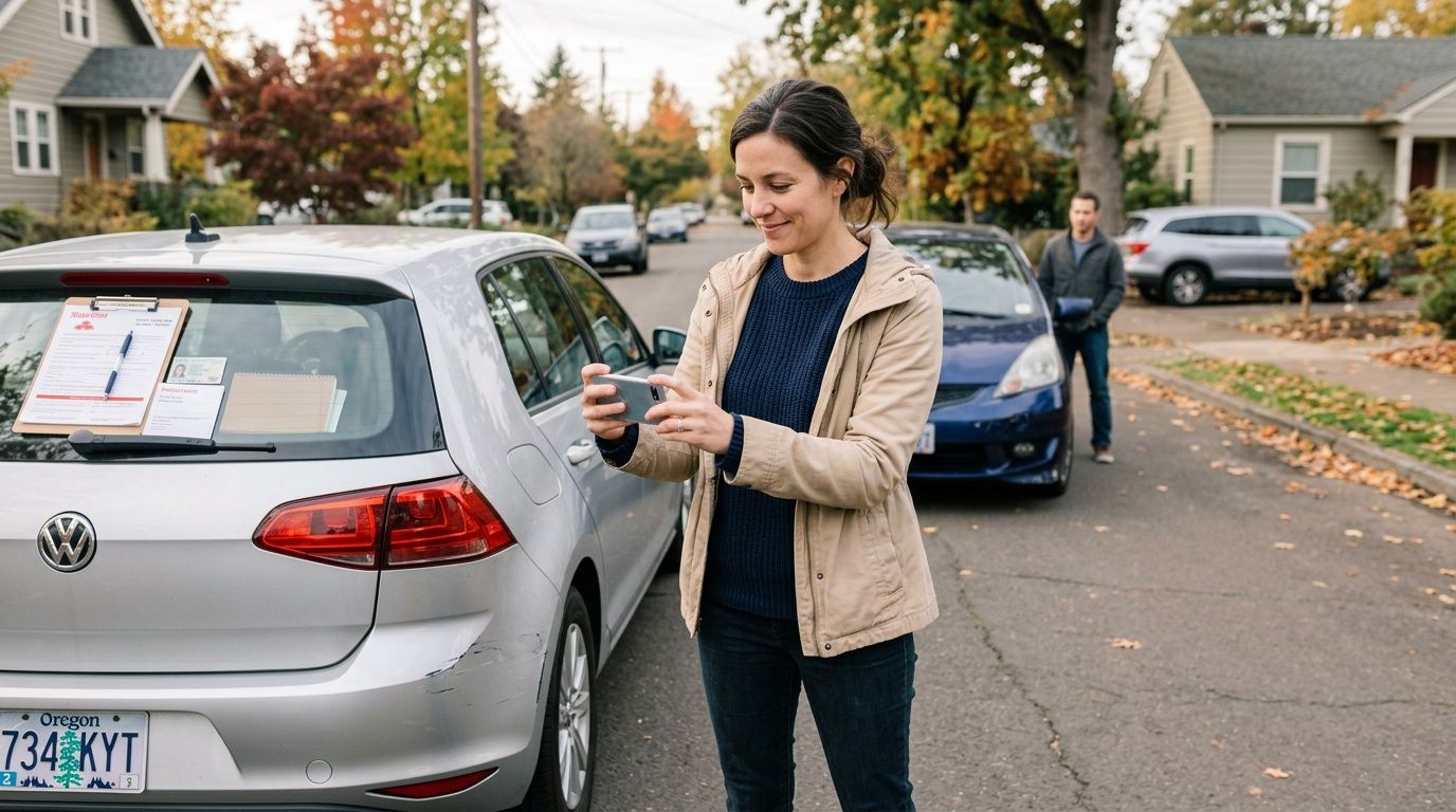A woman photographing damage on her silver car with a smartphone on a residential street.
