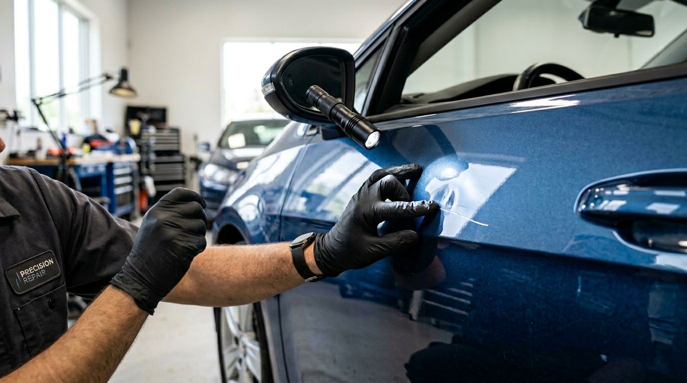 A technician wearing black gloves inspects a deep scratch on a blue car door with a flashlight.