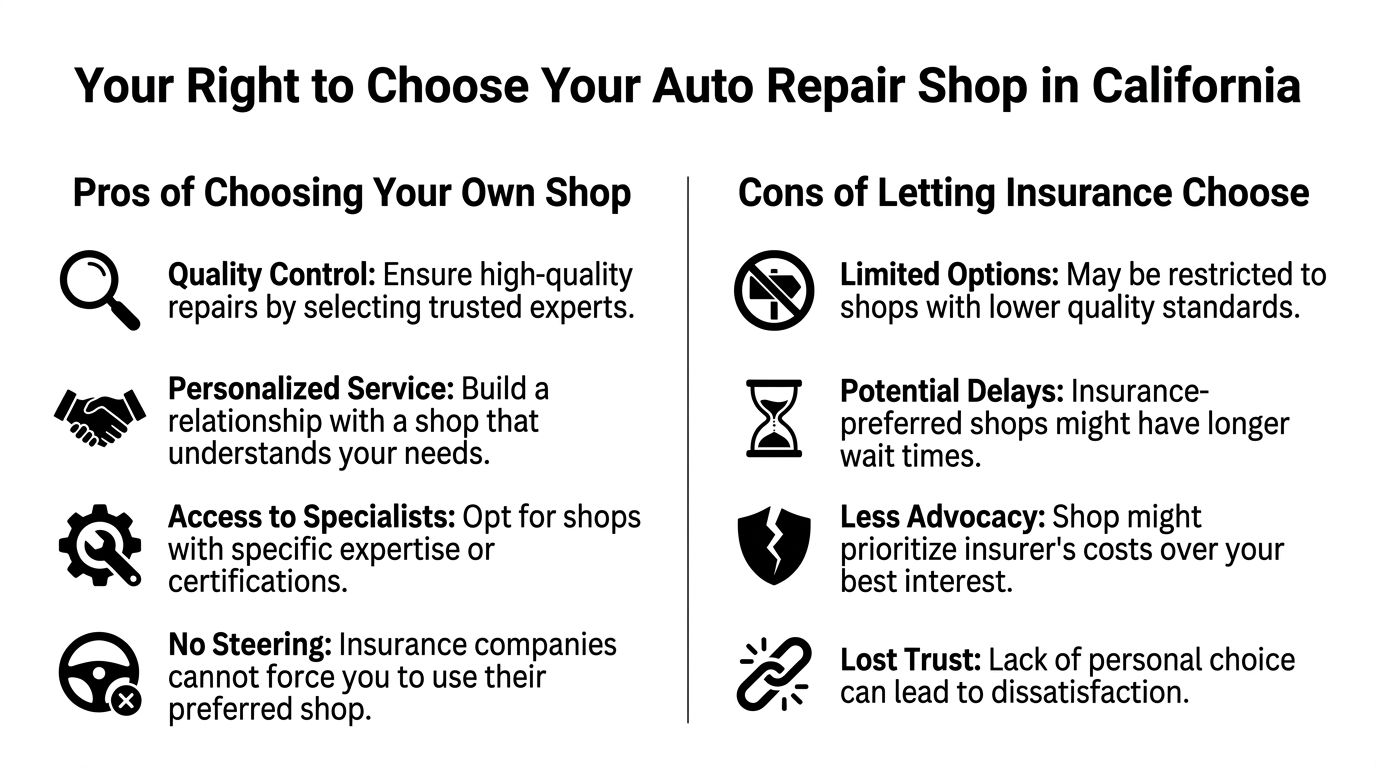 A comparison chart outlining the benefits of choosing your own auto repair shop versus insurance-recommended shops.