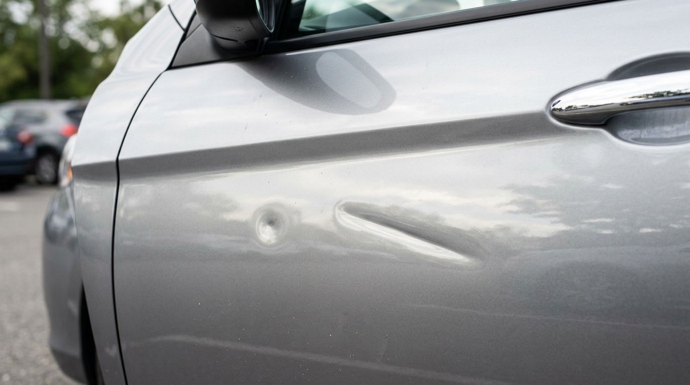 A close-up view of a silver car door showing a small circular dent and a larger crease.