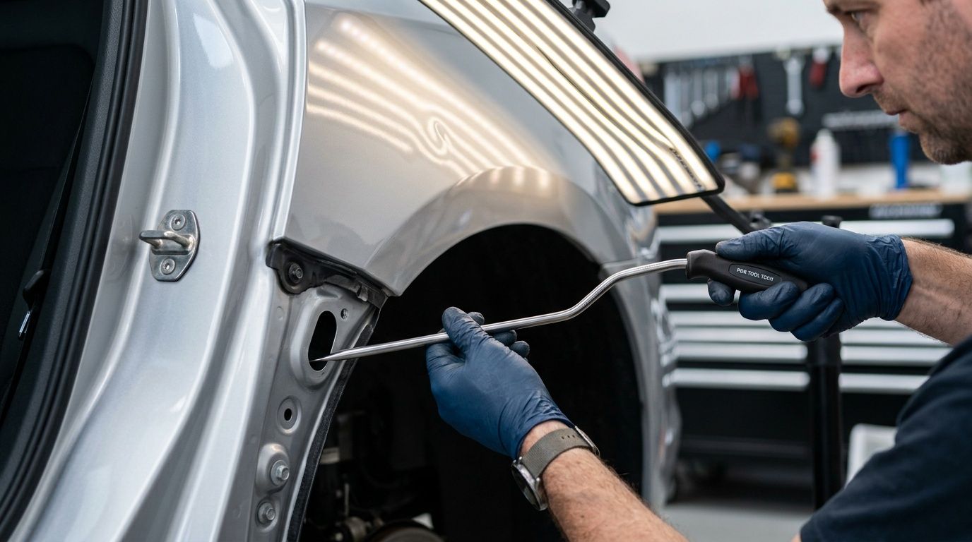 A professional technician using a metal tool for paintless dent removal on a silver car body panel.