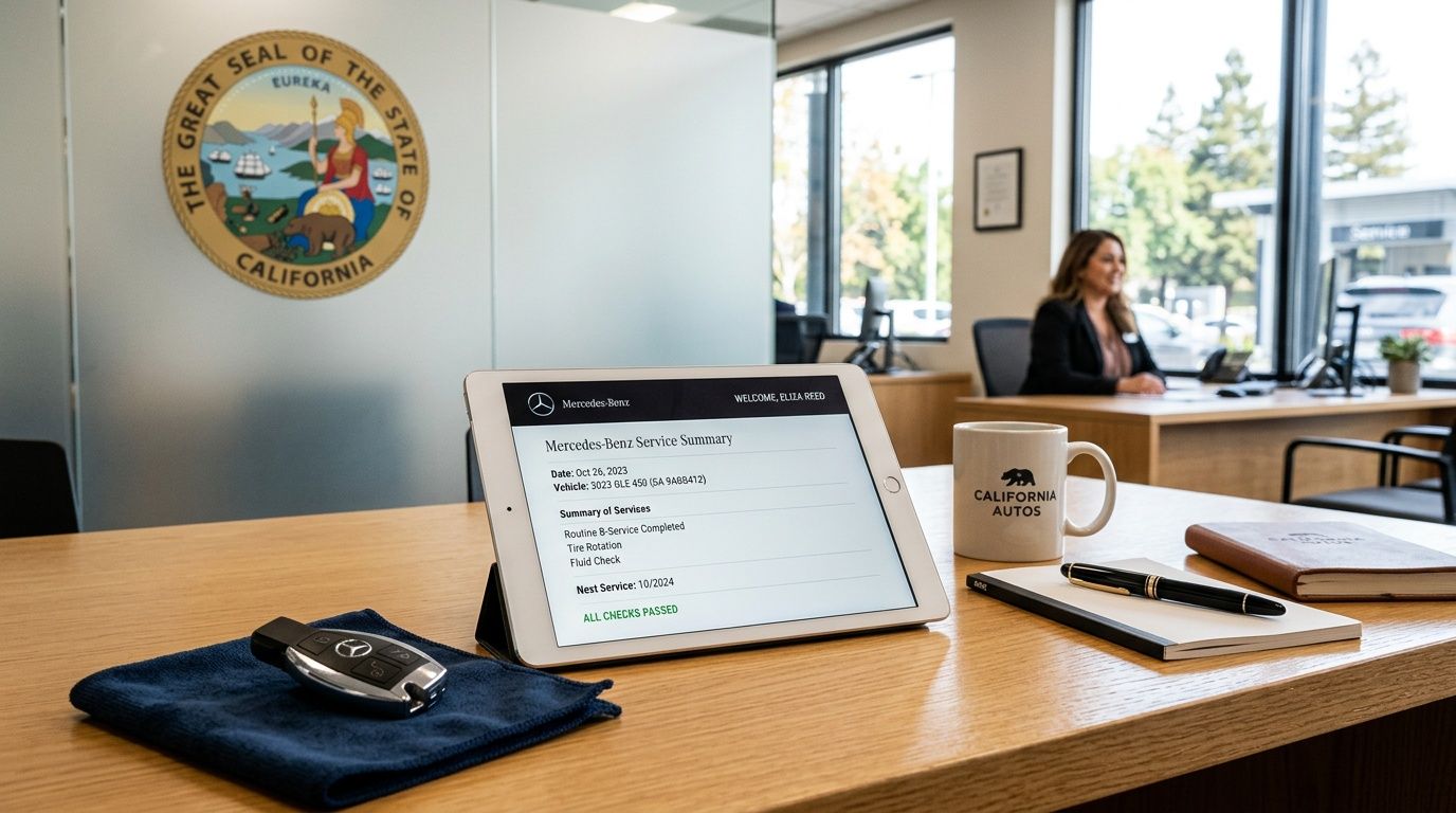 A Mercedes-Benz service summary tablet on a desk in an office featuring the California state seal.